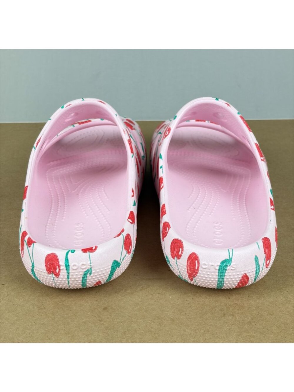 Crocs Pink Cherry Pattern Slide Sandals Womens 9 Pink Red Green Slip On - Picture 4 of 10